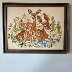 Cross stitch vintage deer and fawn framed art